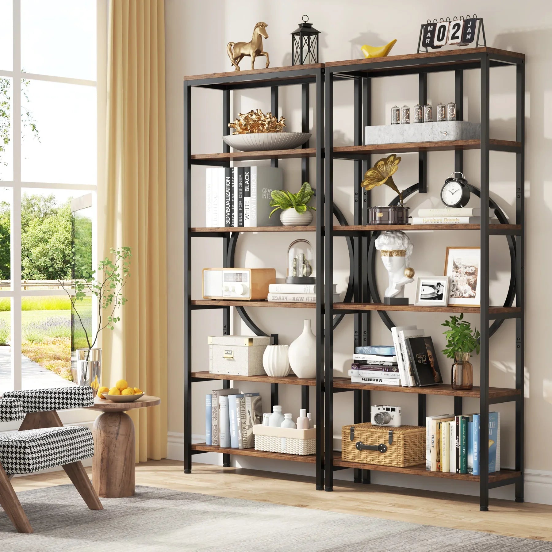 Industrial Bookshelf, Tall Bookcase with Open Shelves, Wood and Metal Display Shelf Storage Shelves