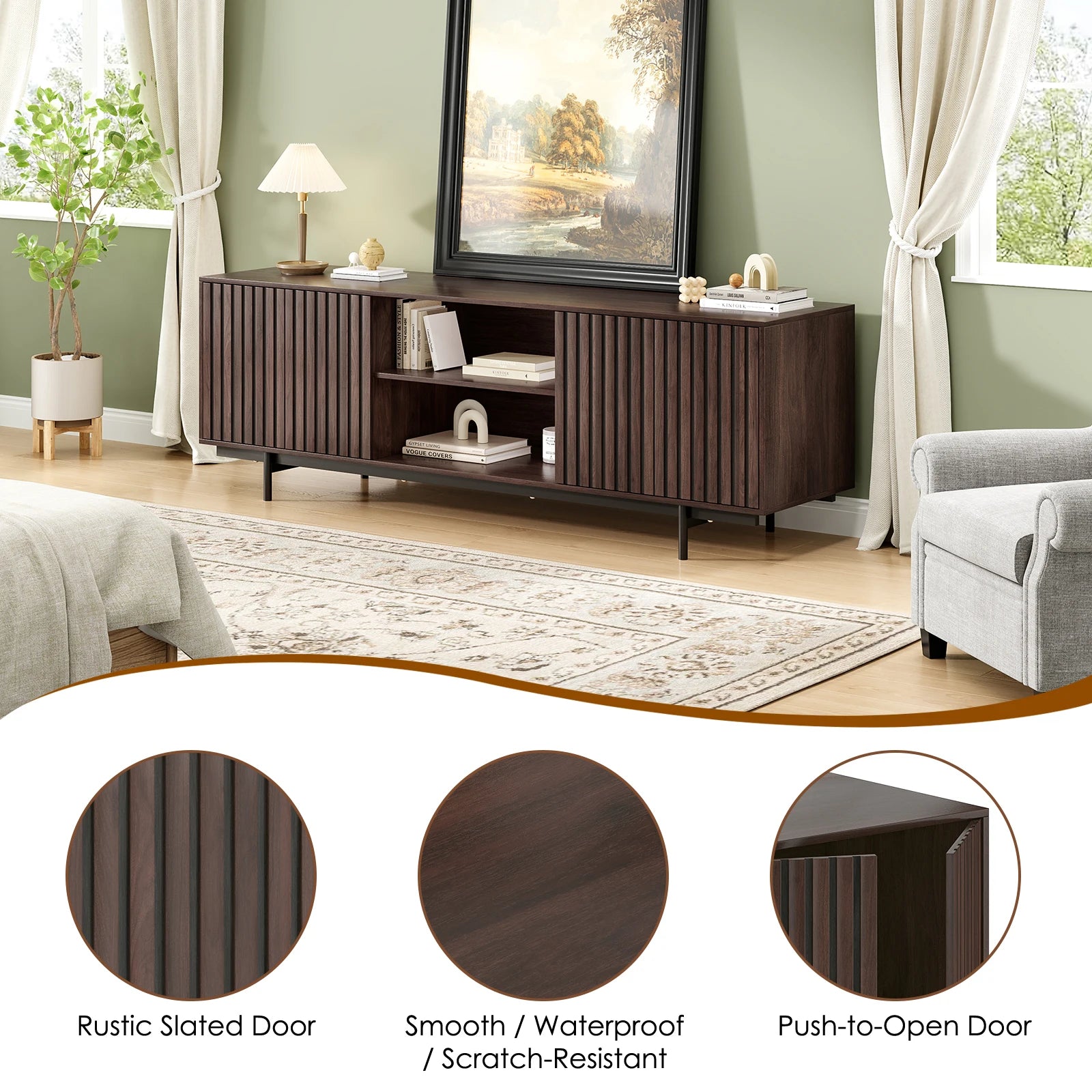 Wood TV Stand for Tvs up to 75", Modern Entertainment Center with Storage & Open Shelf, for Living Room, Bedroom