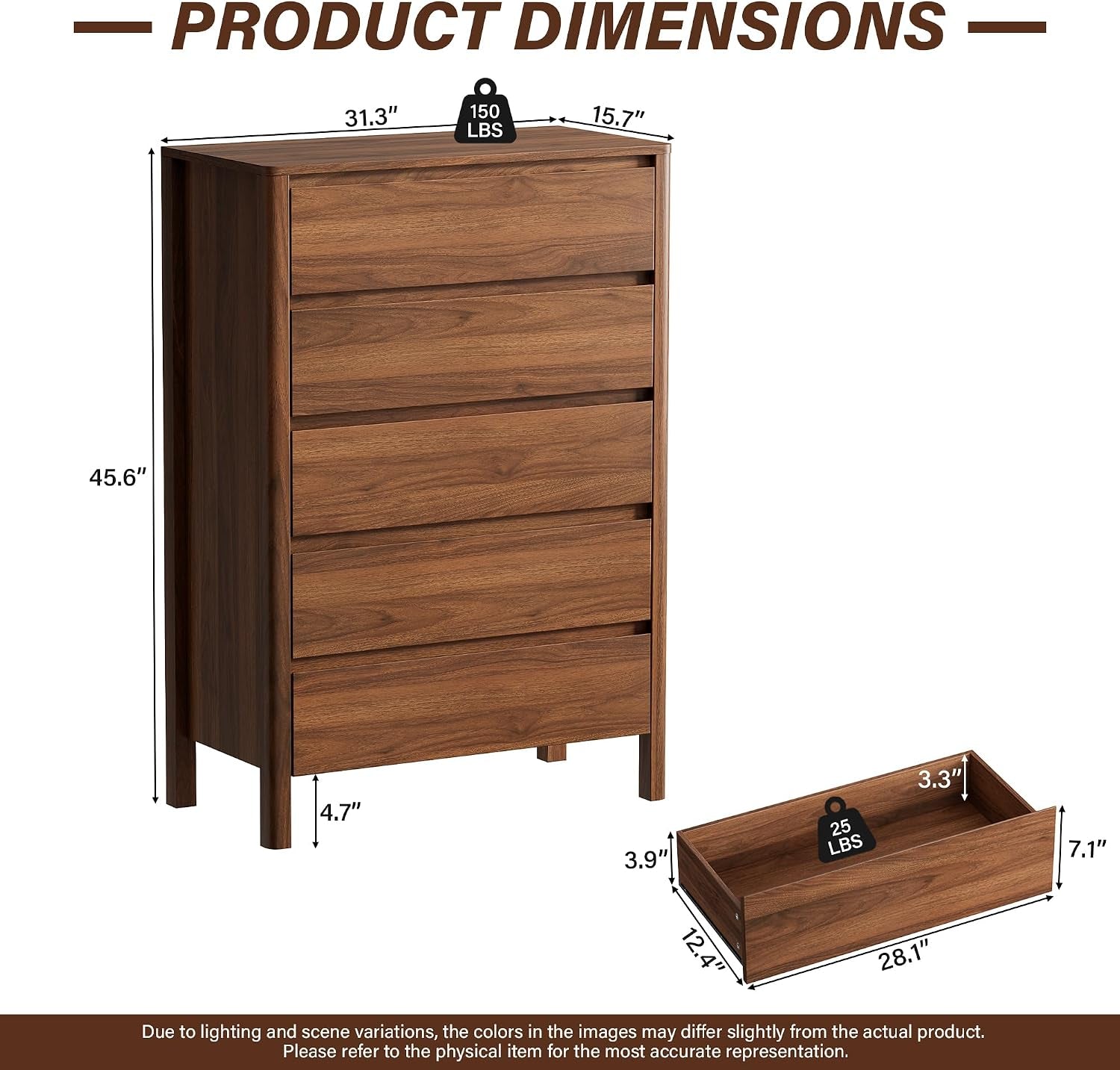 Walnut Dresser for Bedroom, 5 Drawer Dresser with Wood Legs, Tall Wood Dresser, Mid Century Modern Chest of Drawers, Large Storage Bedroom Furniture, Walnut