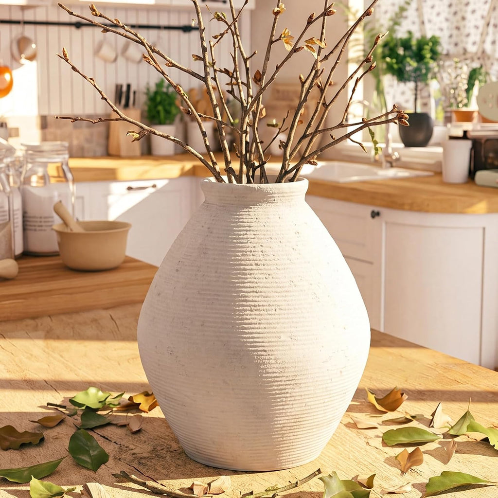 Ceramic Large Rustic round Vase-11.8" Beige Pottery Textured White Ceramic Vase-Big Terracotta Vase Large Vases for Decor Living Room, Farmhouse Decor, Bedroom, Bathroom-(Off-White)