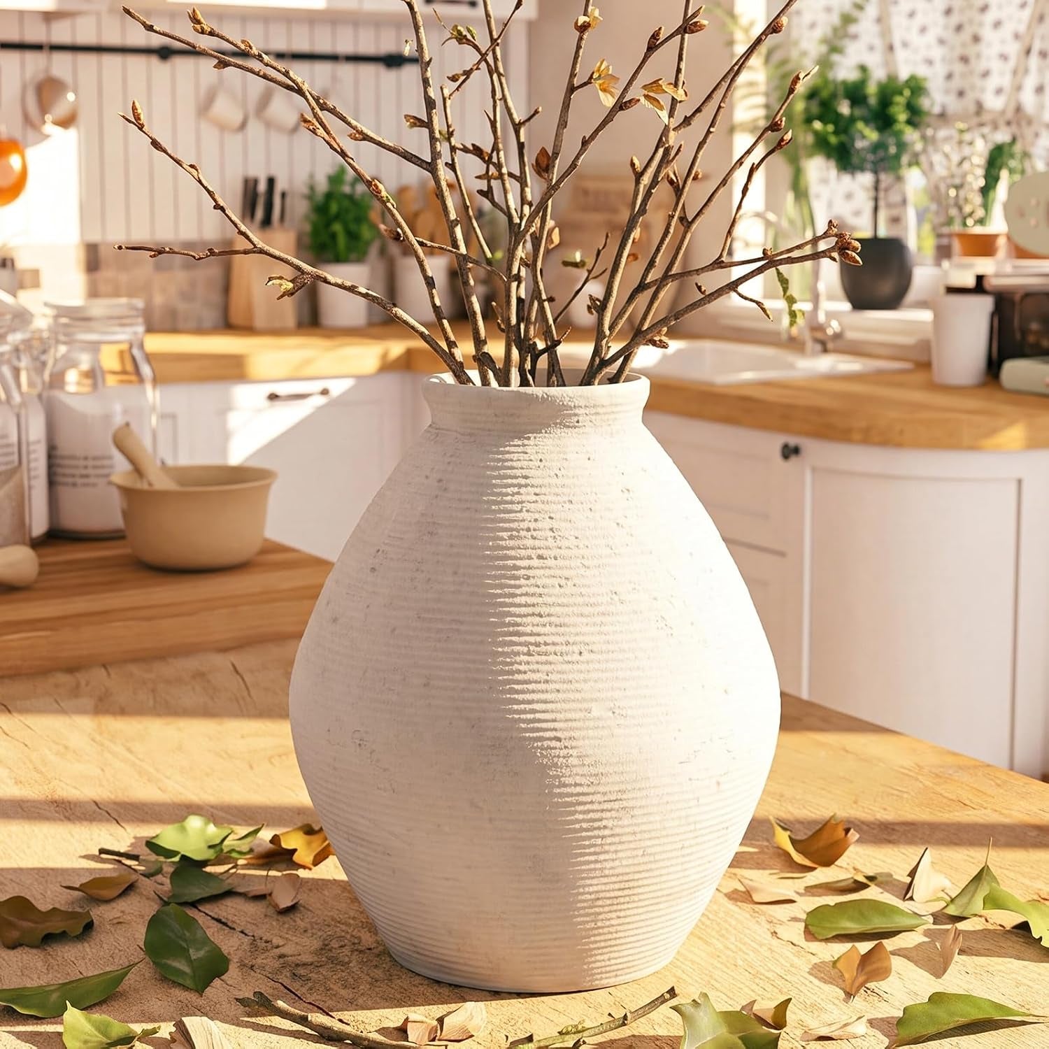 Ceramic Large Rustic round Vase-11.8" Beige Pottery Textured White Ceramic Vase-Big Terracotta Vase Large Vases for Decor Living Room, Farmhouse Decor, Bedroom, Bathroom-(Off-White)