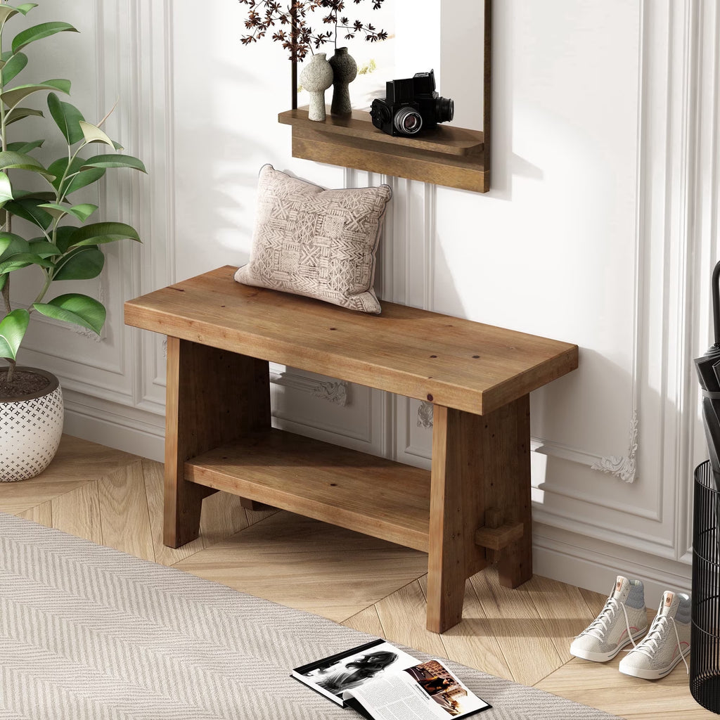 31.5'' Farmhouse Solid Wood Entryway Bench, Small Shoe Bench with Shelf for Indoor Bedroom