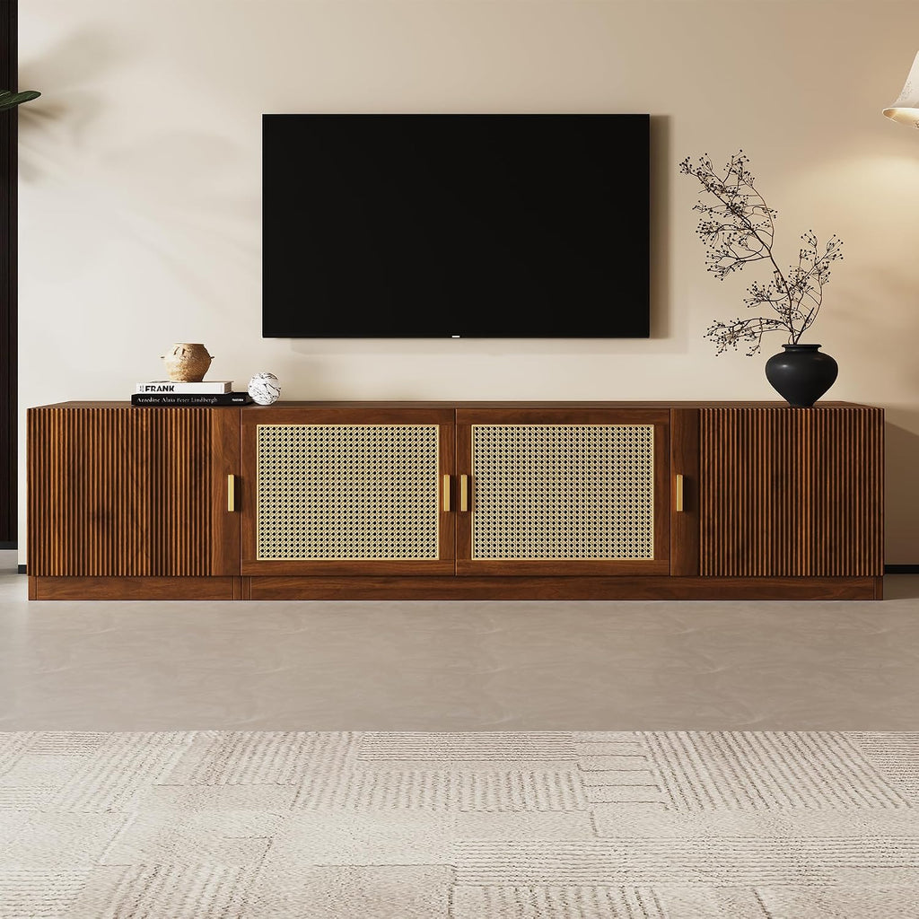 Walnut fluted rattan media console