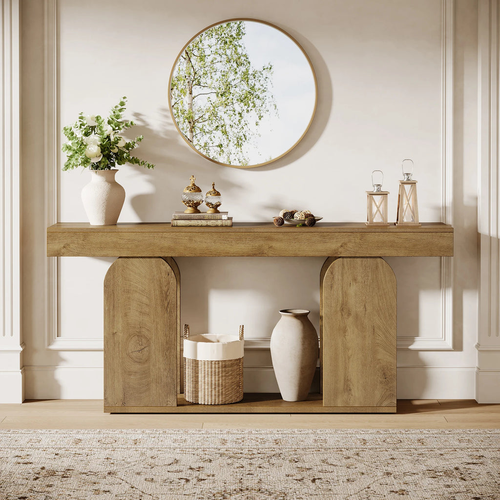 Farmhouse Wood Console Table, 70.9-Inch Entryway Accent Table with U-Shaped Base, 2-Tier Extra Long Sofa Tables for Entrance, Hallway, Living Room (Light Brown)
