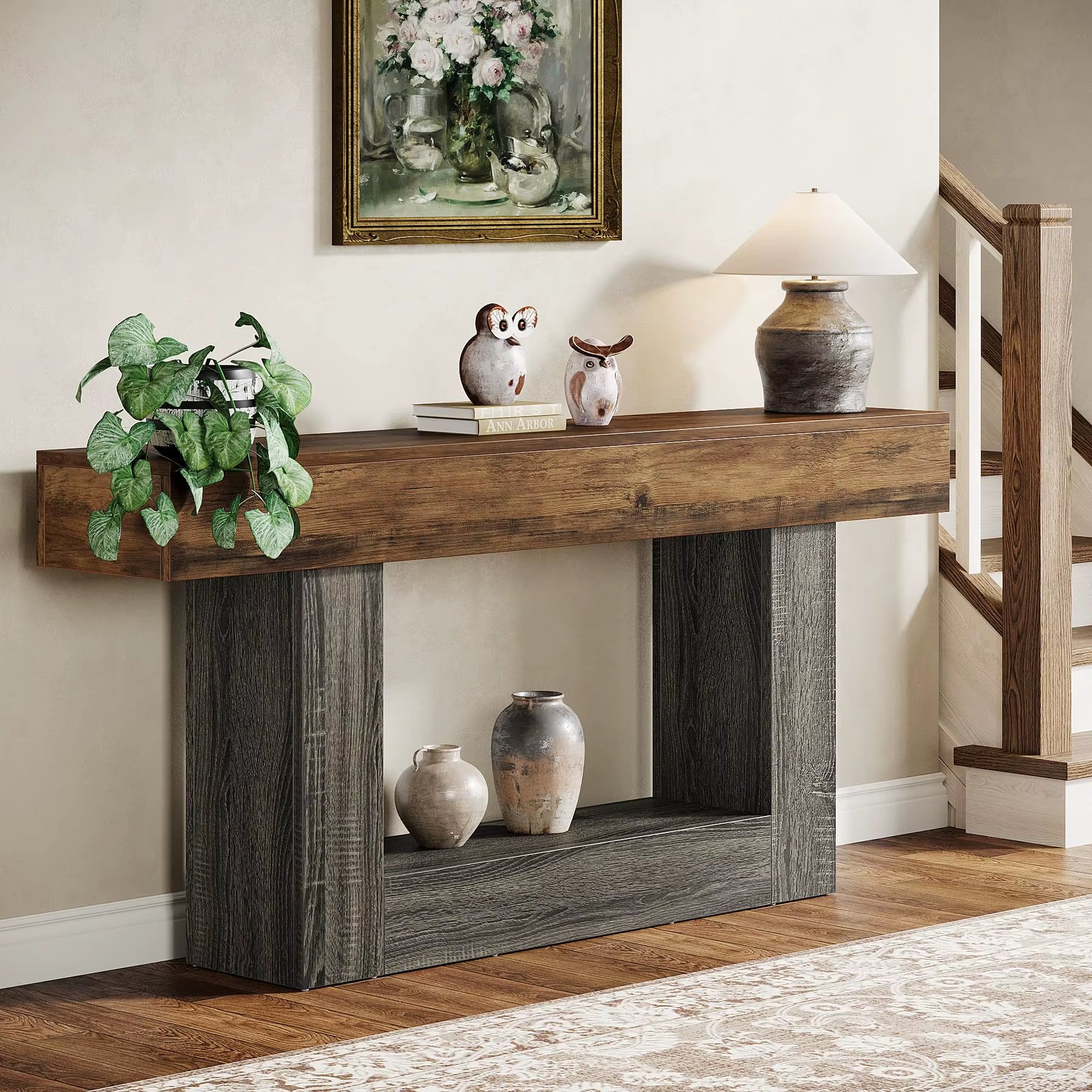 Farmhouse two tier wood console table