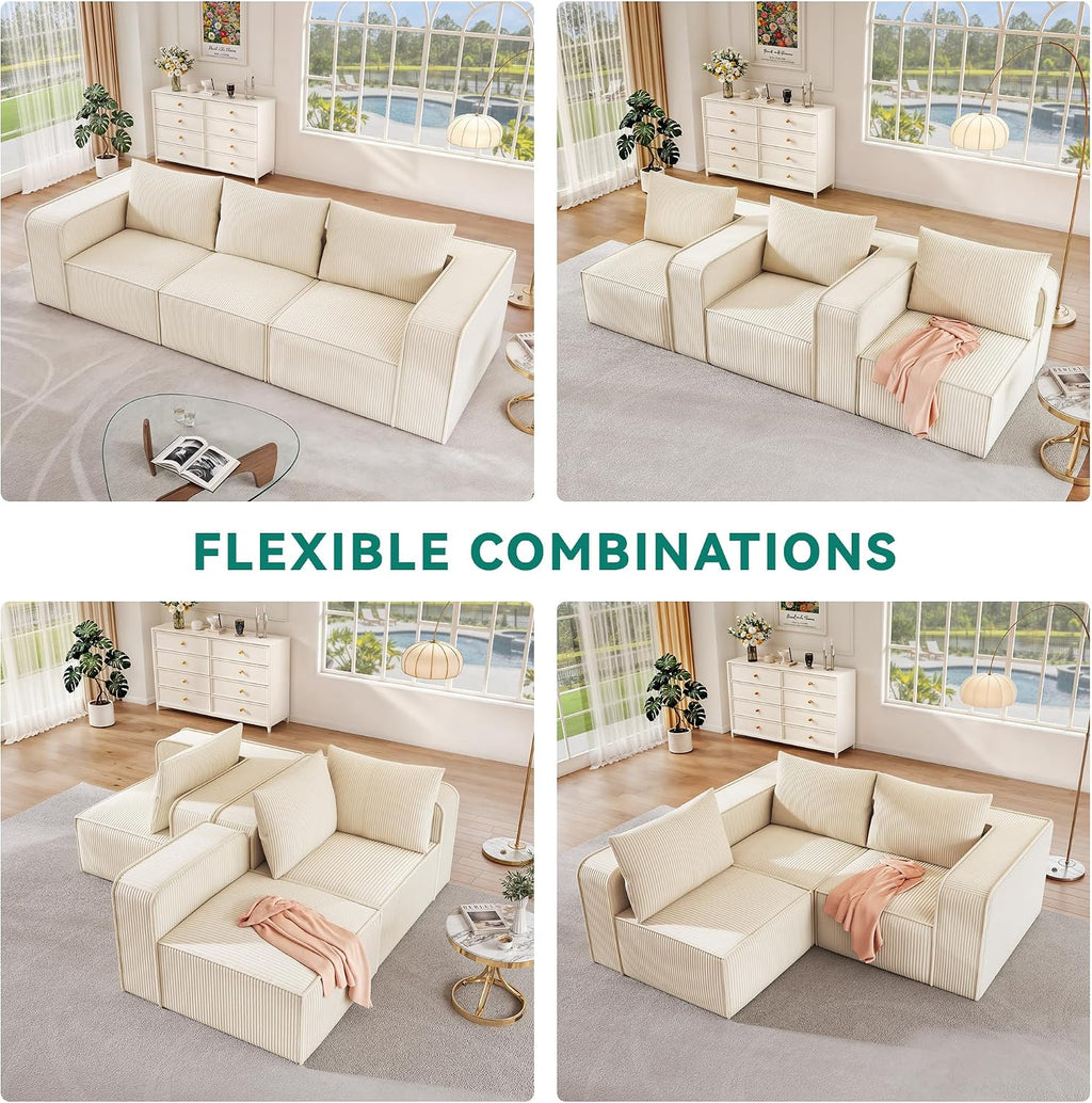 Oversized Deep Modular Sectional Sofa, 3-Seat Couch with 3 Pillows | Corduroy Sectional Couches for Living Room, Apartment, Office, Hotel, Bedroom, No Assembly Needed, Milky White