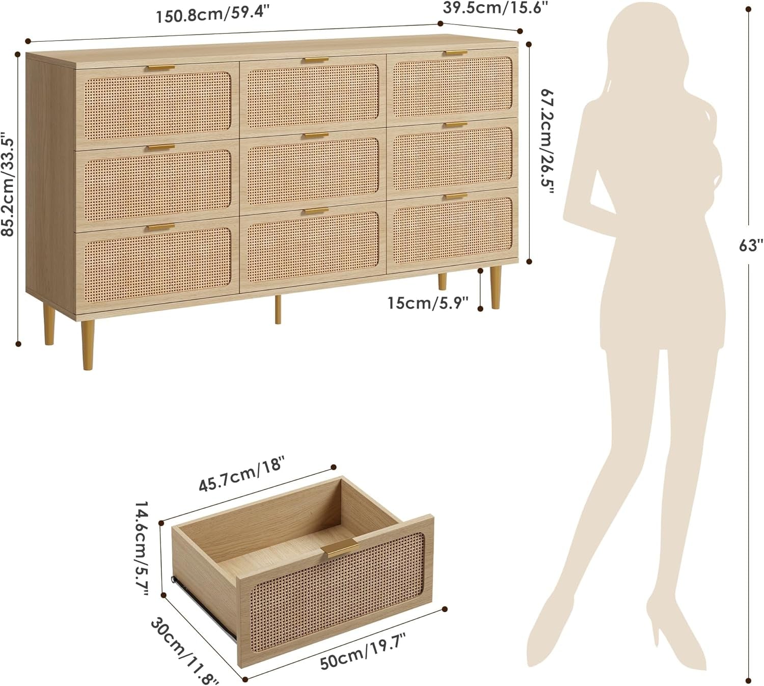 Rattan 9 Drawer Dressers for Bedroom, Deep Drawer, Natural | Tall Dresser, Wide Top, for Living Room, Hallway, Kids Room, Large Chest of Drawers for Closet, Long Wooden Dresser