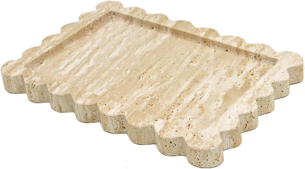 Genuine Travertine Scalloped Marble Tray, Real Natural Marble Stone Trays, Luxury Decorative Trays for Bathroom, Dresser, Vanity, Kitchen, Home Decor, 10.6" X 8", Travertine Beige