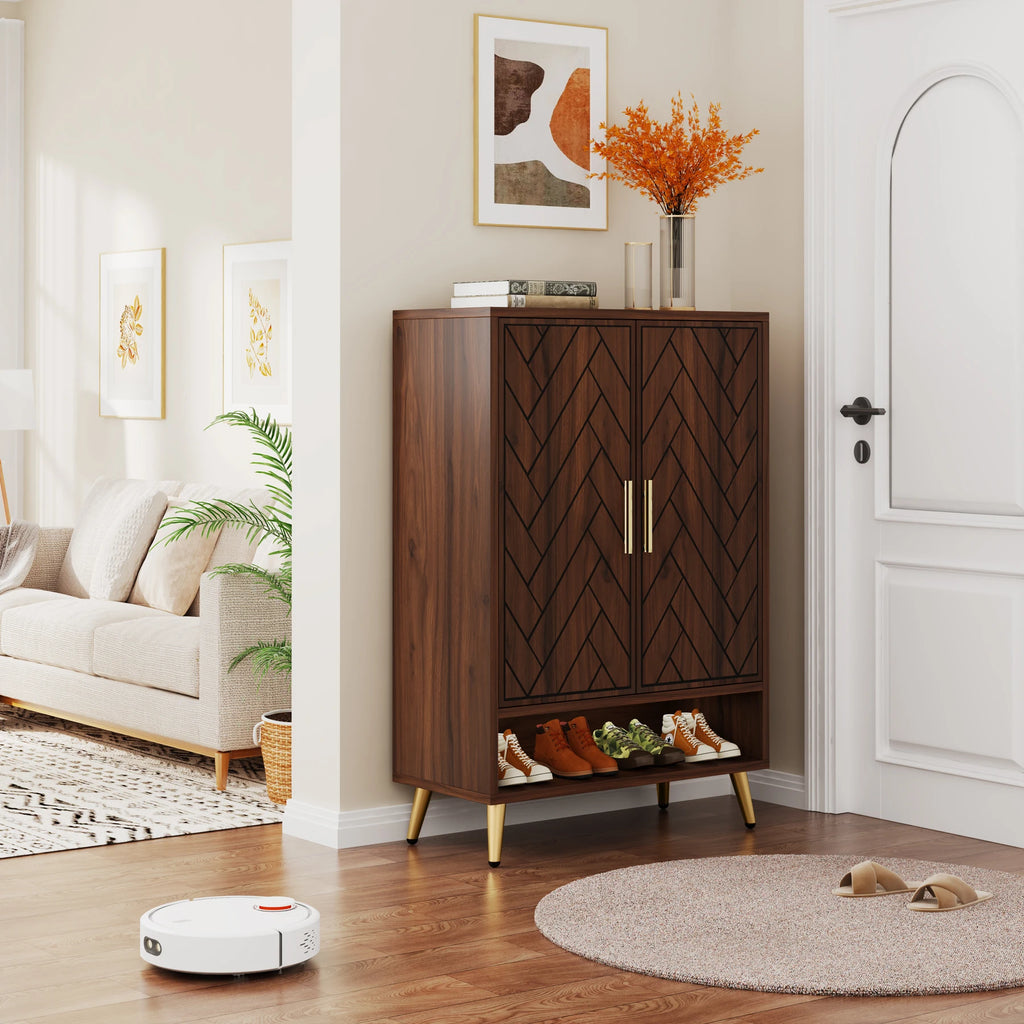 6-Tier Shoe Cabinet with Doors, Walnut Wooden Shoe Storage Cabinet with Adjustable Shelves for Entryway