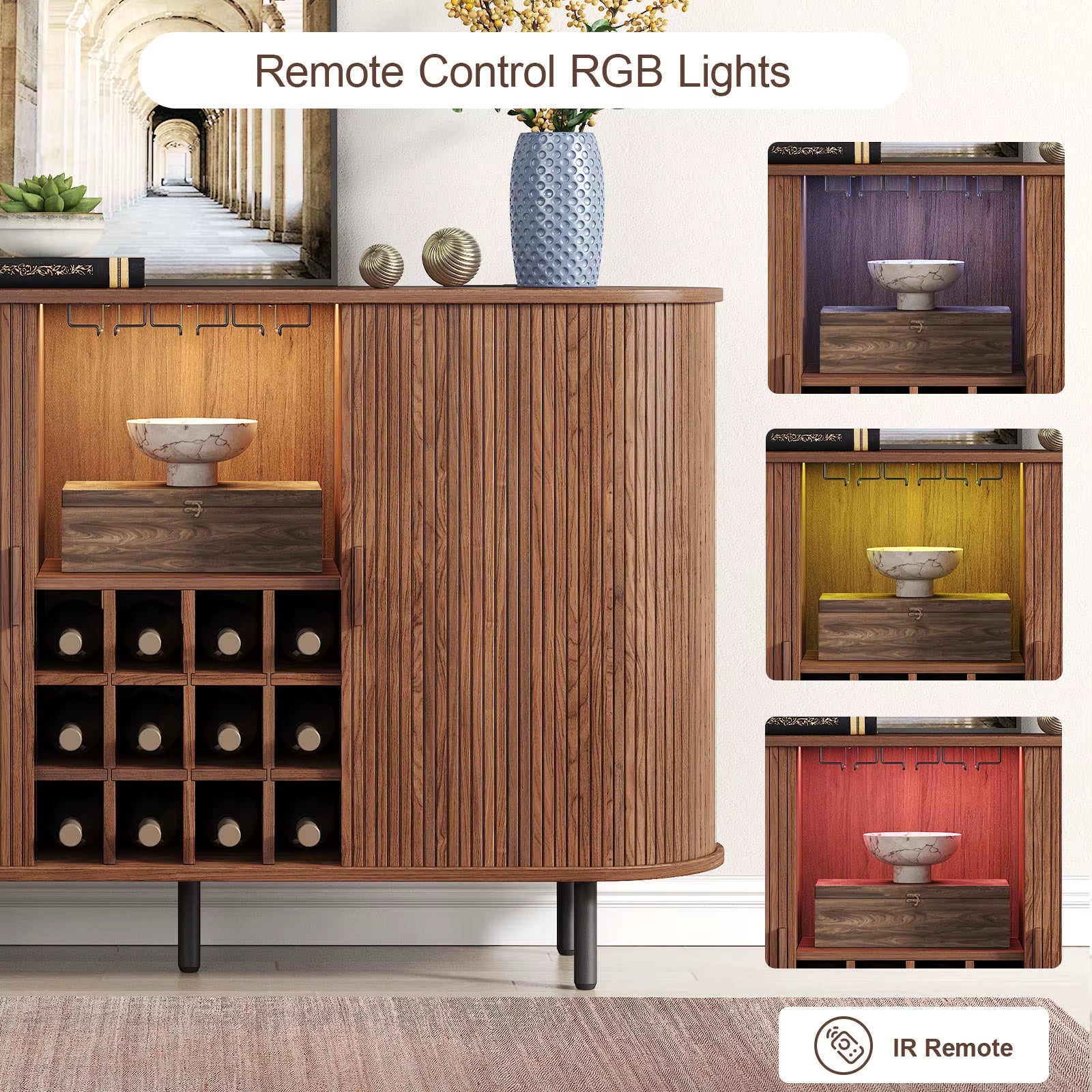 Wine Bar Cabinet W/ LED Light,Liquor Cabinet for Home,Coffee Bar Cabinet W/ Wine Rack & Glass Holder,Walnut Buffet Sideboard