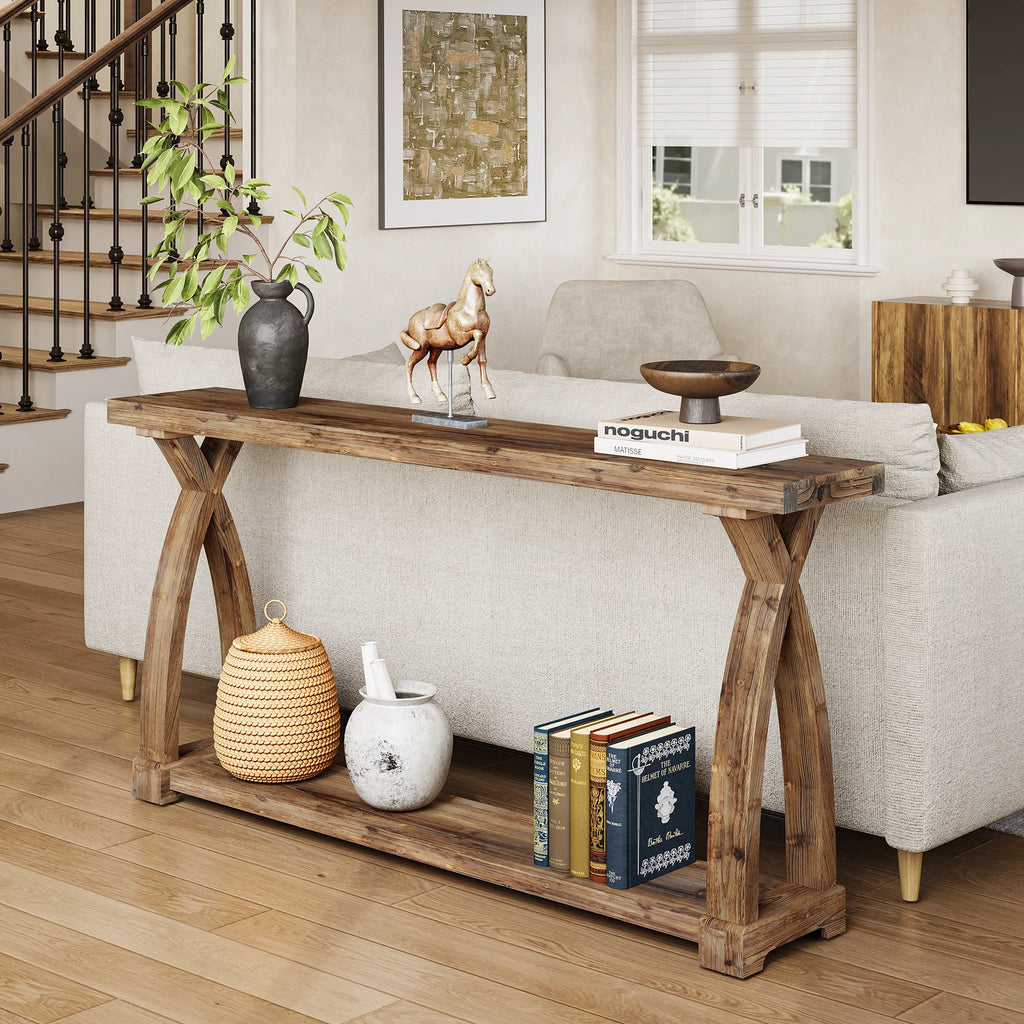Solid Wood Console Table for Entryway, 63-Inch Narrow Farmhouse Couch Table behind Sofa with 2-Tier Storage for Entrance, Foyer, Living Room, Long, Rustic Brown