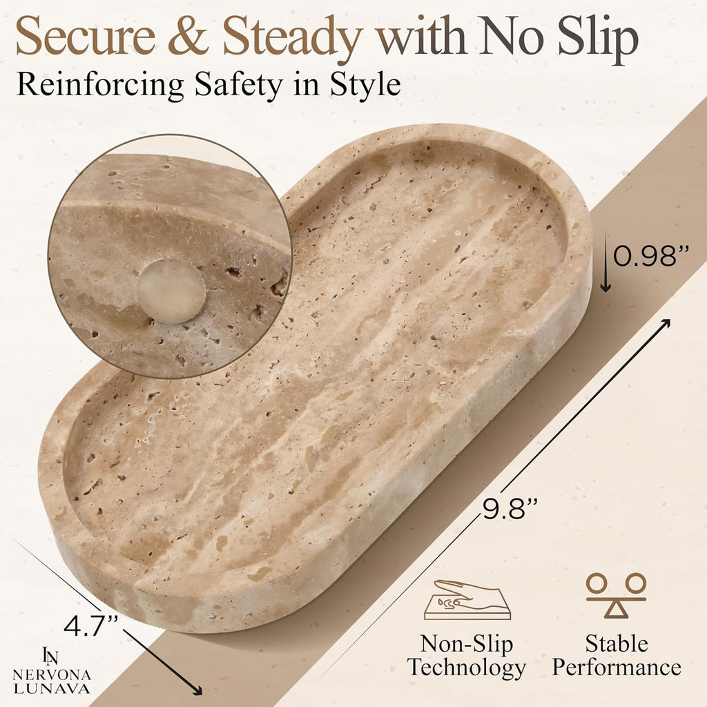 LUNAVA Travertine Tray for Bathroom Counter – Marble Tray for Kitchen Counter, Hand-Polished Natural Stone Caddy for Vanity, Sink, or Dresser, 9.8"X4.7"In, Beige