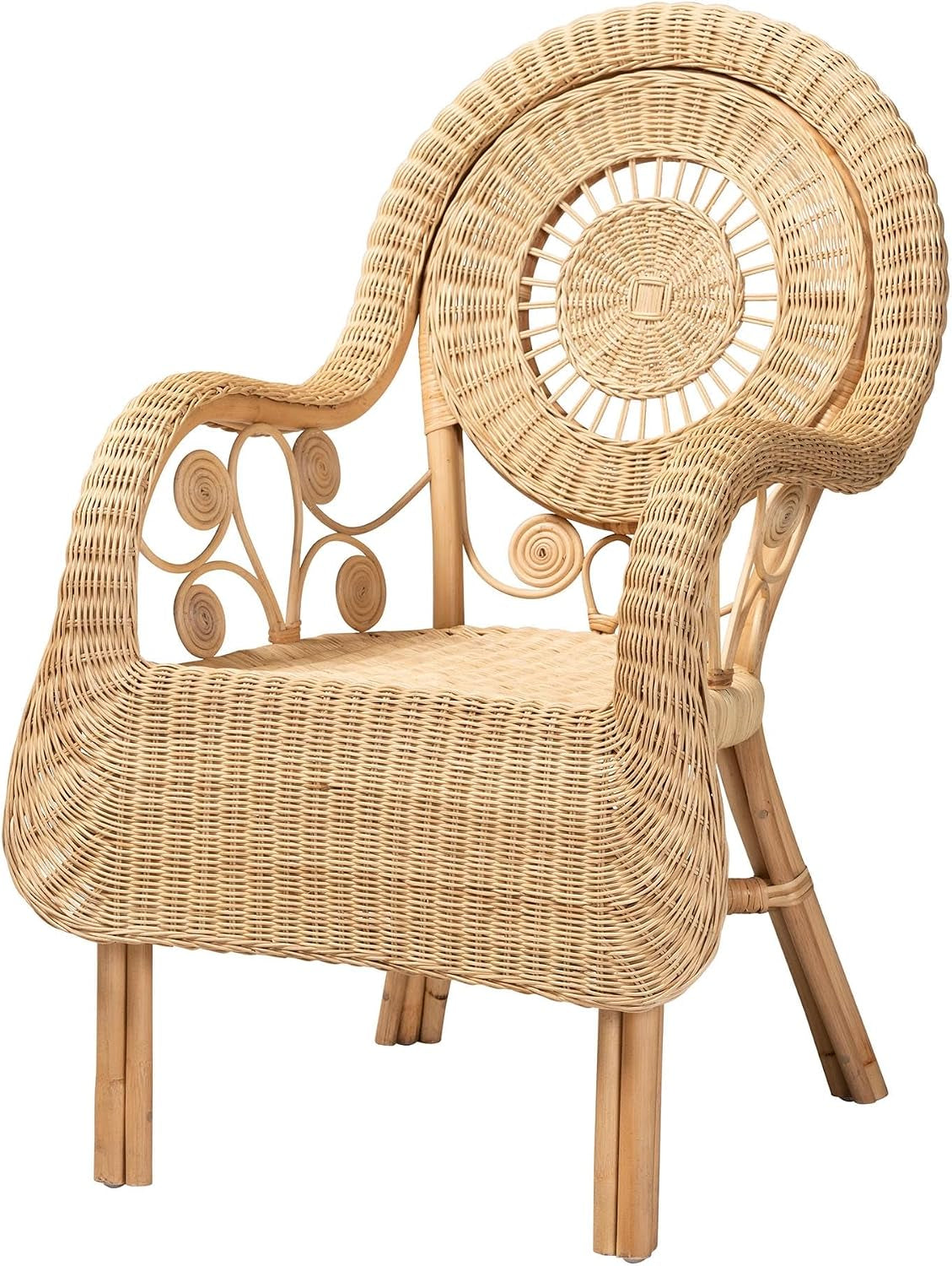 Putri Modern Bohemian Natural Rattan Accent Chair with Swirling Rattan Decors