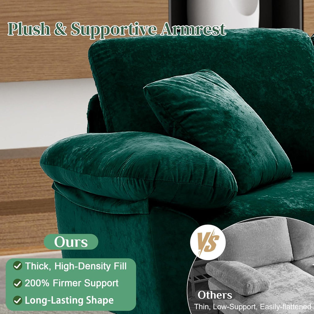 U-Shaped Sectional Sofa Couch, 4 Seat Sofa Set for Living Room, Convertible L-Shaped Velvet Couch Set with Chaise Lounge, Ottoman and Pillows,114 Inches (Emerald Green)