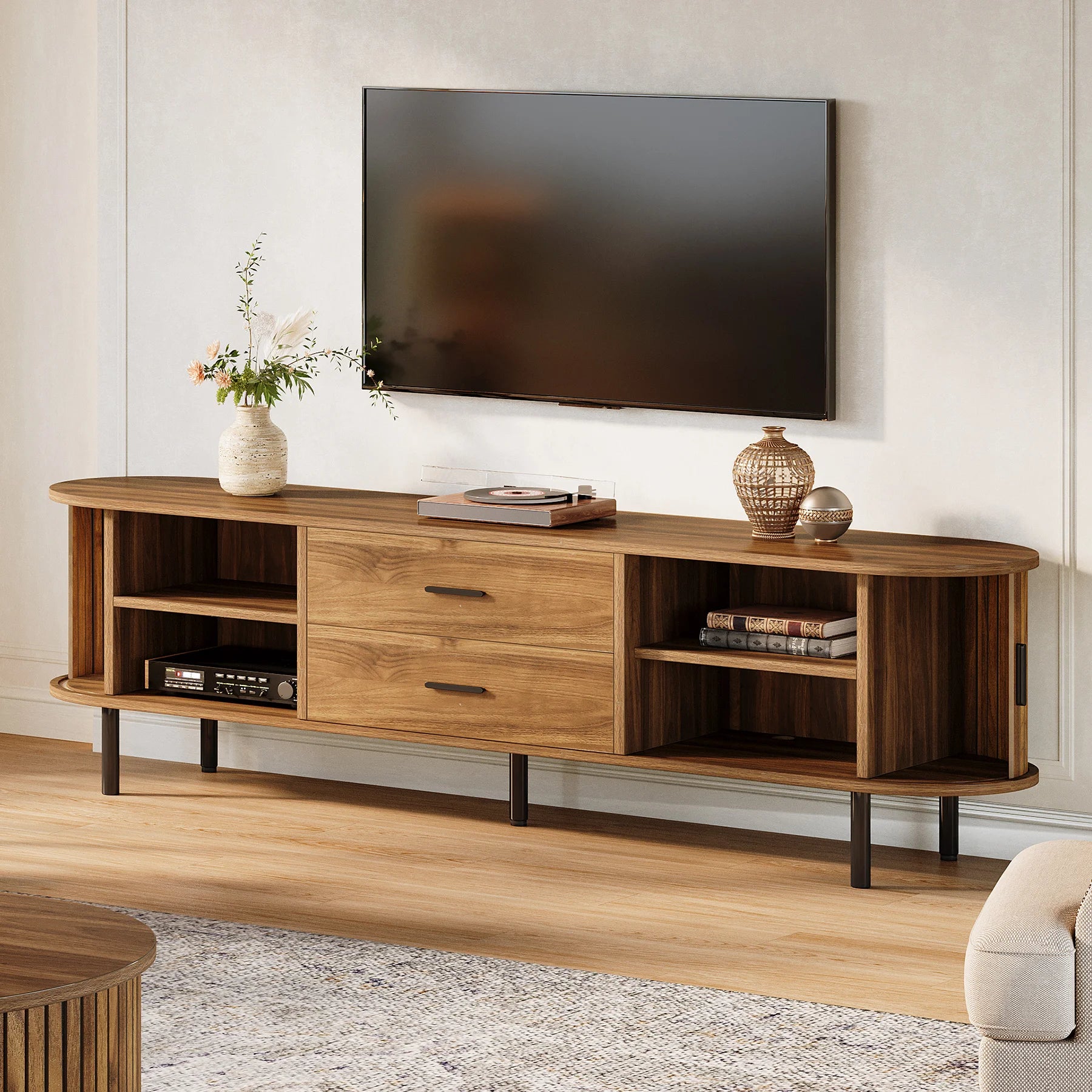 70" Mid-Century Modern TV Stand with Sliding Tambour Door, Drawers and Adjustable Shelves, Long Fluted Entertainment