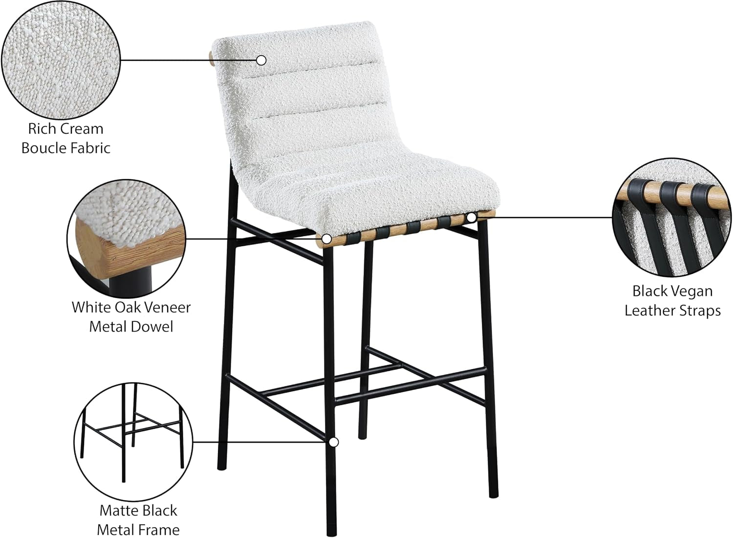 Meridian Furniture 846Cream-C Burke Collection Modern | Contemporary Bar Stool with Rich Cream Boucle Fabric, Matte Black Metal Frame, White Oak Veneer Metal Dowel, 18" W X 24" D X 40.5" H, Cream