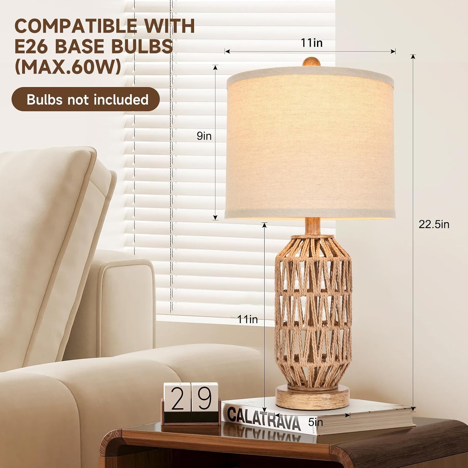 22.5” Rattan Table Lamp Set of 2, Woven Boho Lamp for Bedroom Living Room, 11X11X9 Fabric Drum Shade, E26 Base (Max 60W), Stable Wood Base for Nightstand Console