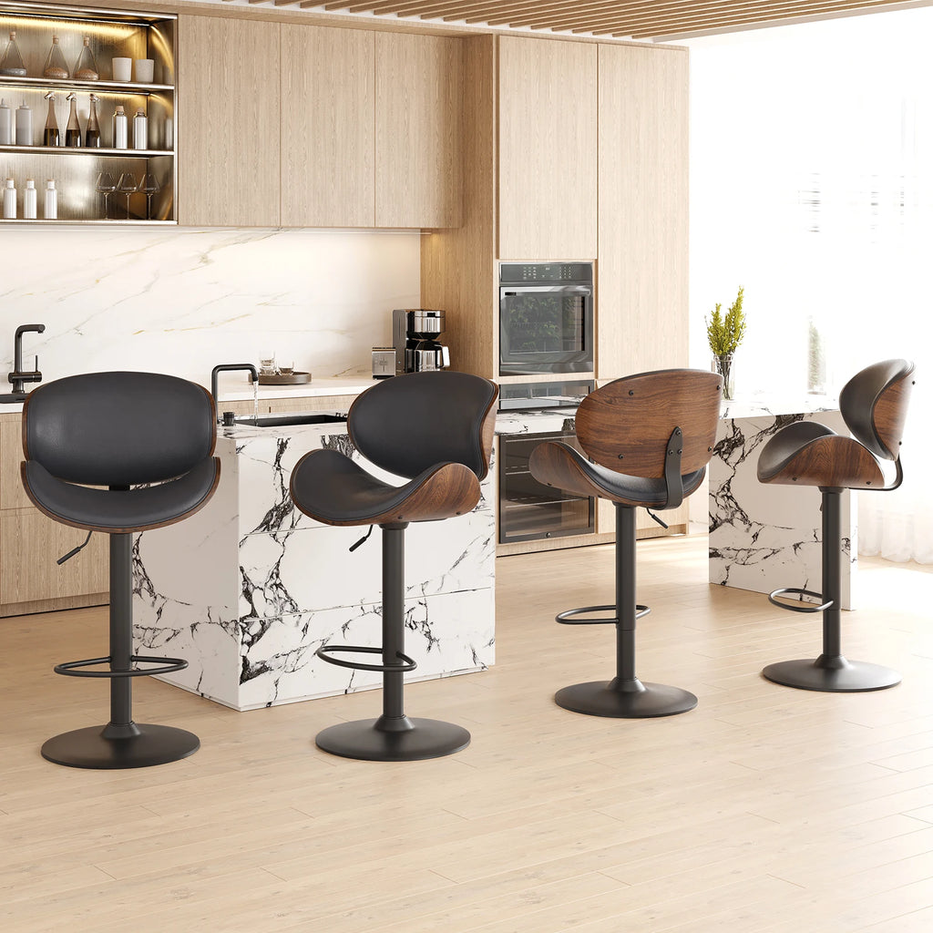 Set of 2 Swivel Bar Stools, Adjustable Height Bentwood Barstools with Backrest & Footrest, Modern Kitchen Counter Chair for Home Bar, Island