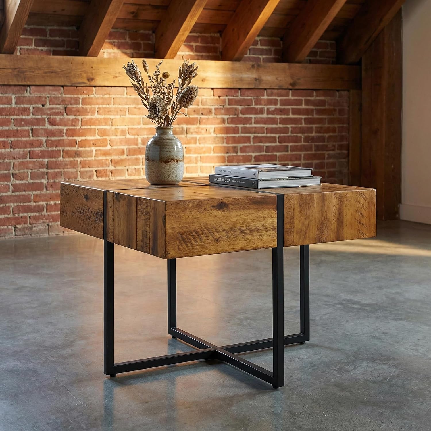Landon End Table, Solid Wood with Black Metal Frame