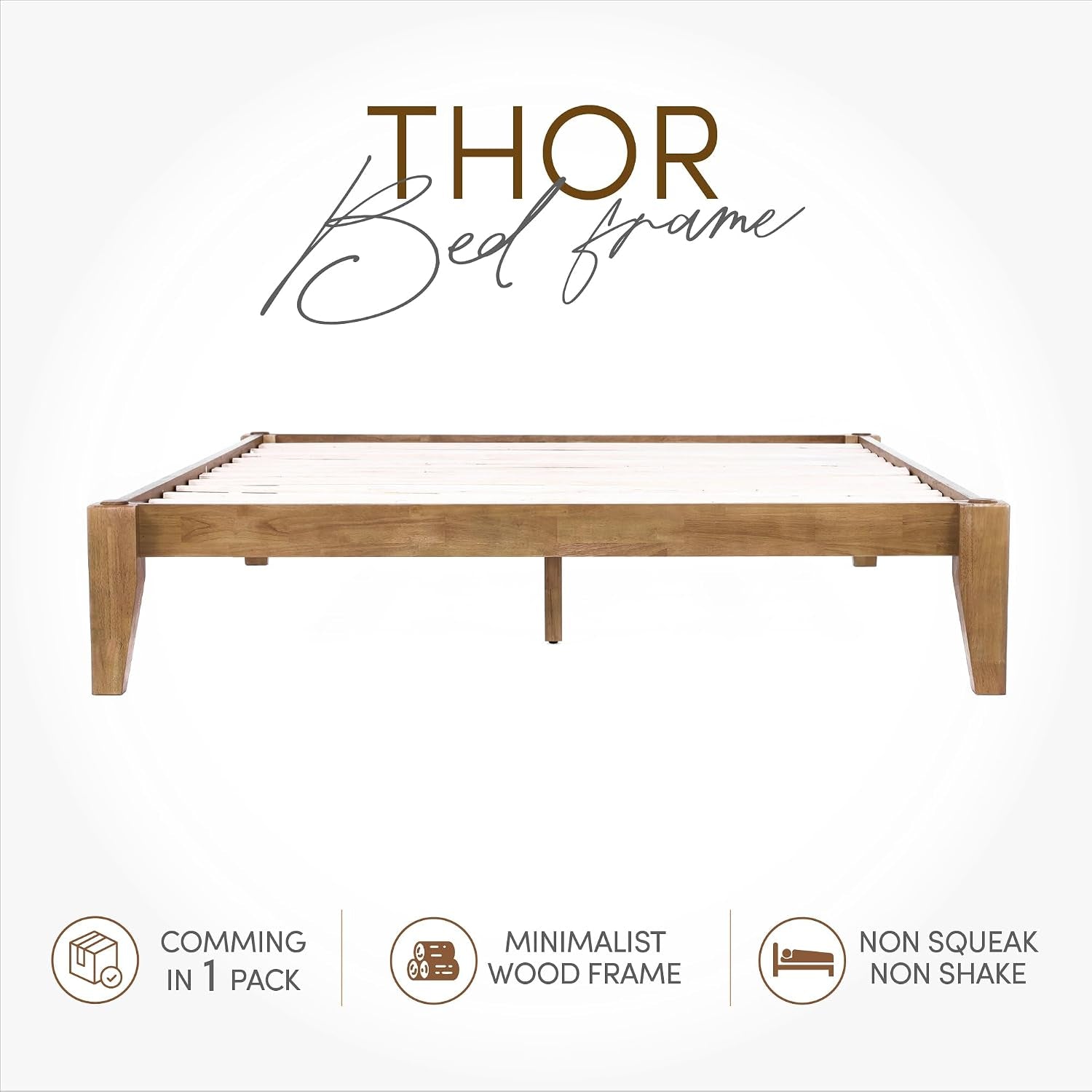 Thor Premium Solid Wood Bed Frame King, Japanese Joinery Bed Frame with Wood Slat Support, Platform Bed, No Box Spring Needed, Easy Assembly, Minimalist & Modern Style (Light Brown)
