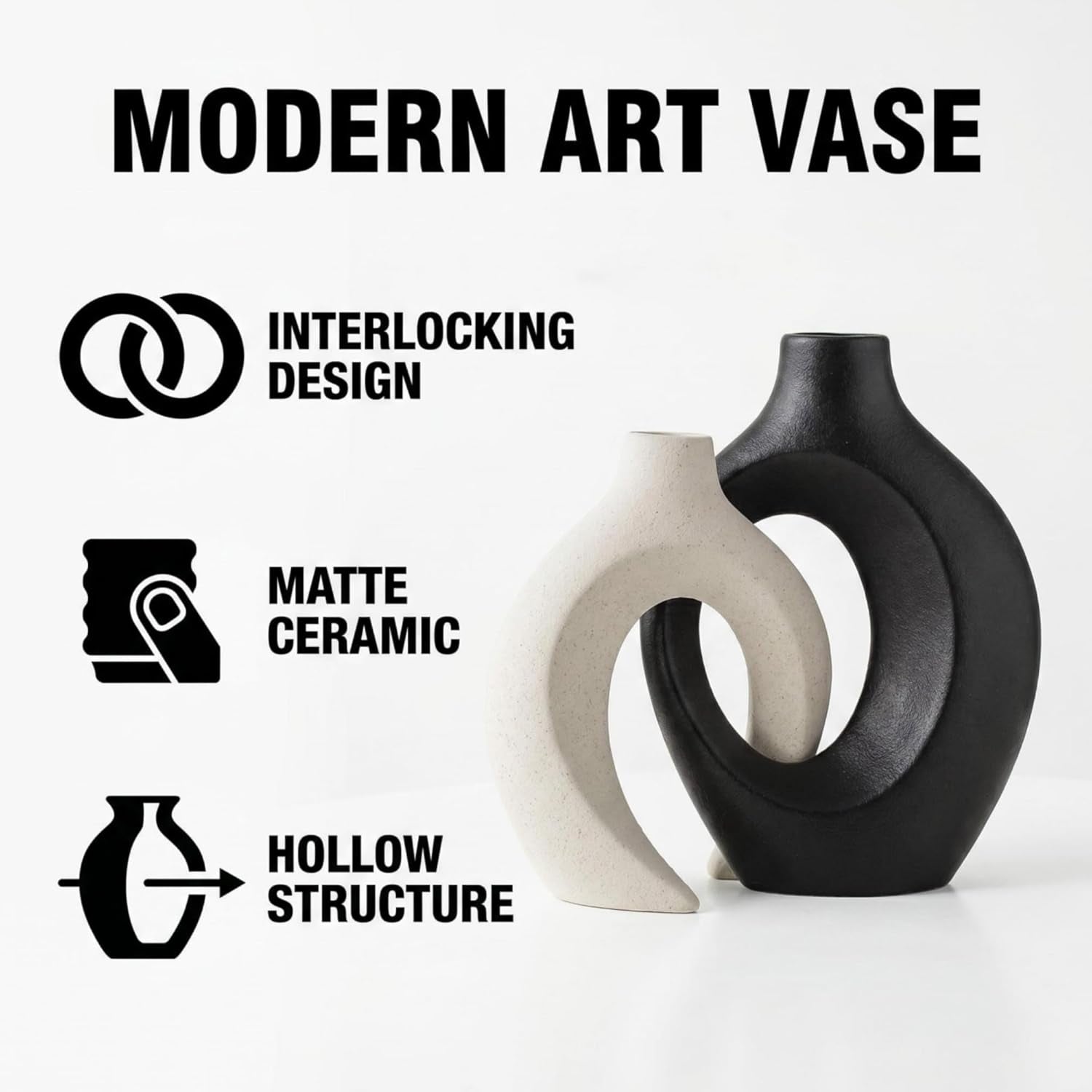 Black and Off-White Snuggle Hollow Ceramic Vase Set of 2 | Nordic Minimalist Aesthetic Snuggle Vases for Table Centerpiece Dining Living Room Book Shelf Decoration (W 6.3" X H 8.4")