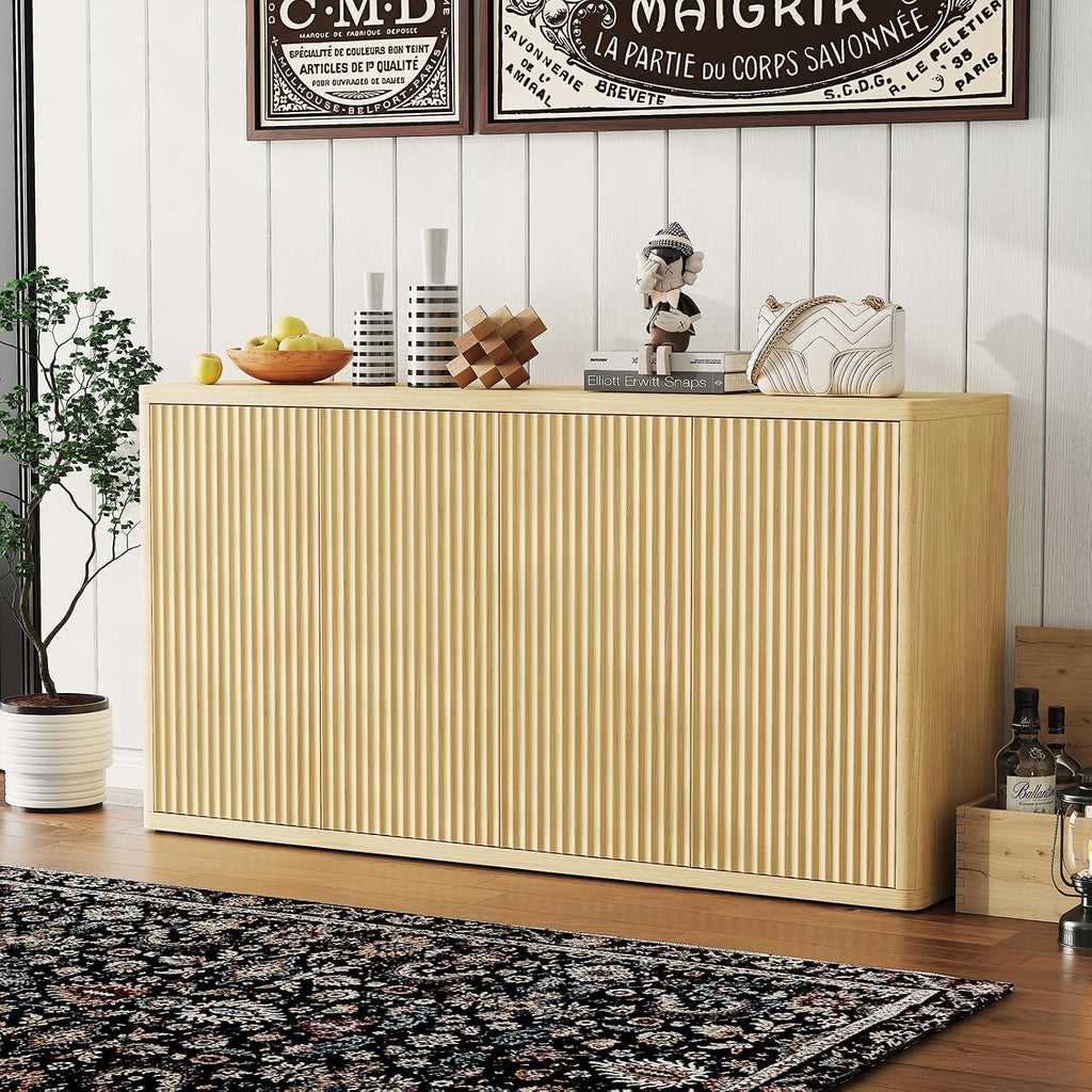 66.3In Large Sideboard Buffet Cabinet, Kitchen Modern Fluted Cupboard Coffee Bar Console Table Credenza Storage Cabinet with Adjustable Shelves for Living Room Hallway, 4 Doors