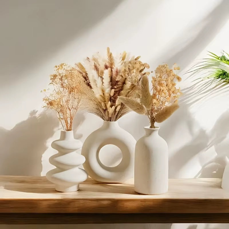 Set of 3 White Ceramic Bohemian Vase Set, Creative Home Decoration Vase Ornaments, Wedding Home Living Room Bedroom Decoration