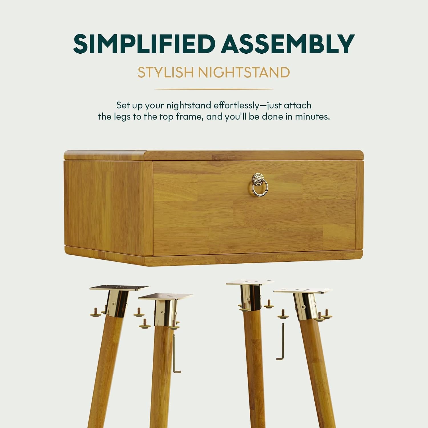Golden natural wood nightstand with drawer