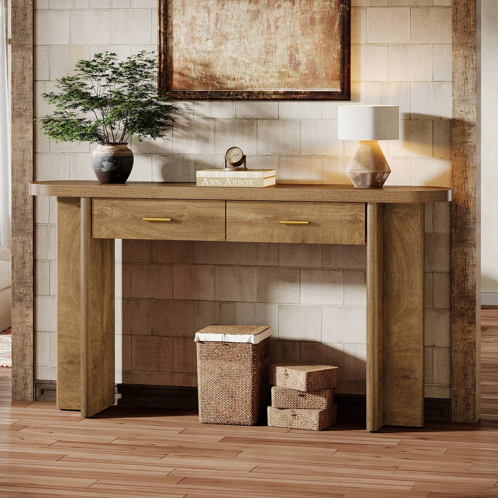 63-Inch Console Table with 2 Drawers, Farmhouse Oval Curved Entryway Table with Storage for Living Room, Hallway, Entrance, Brown