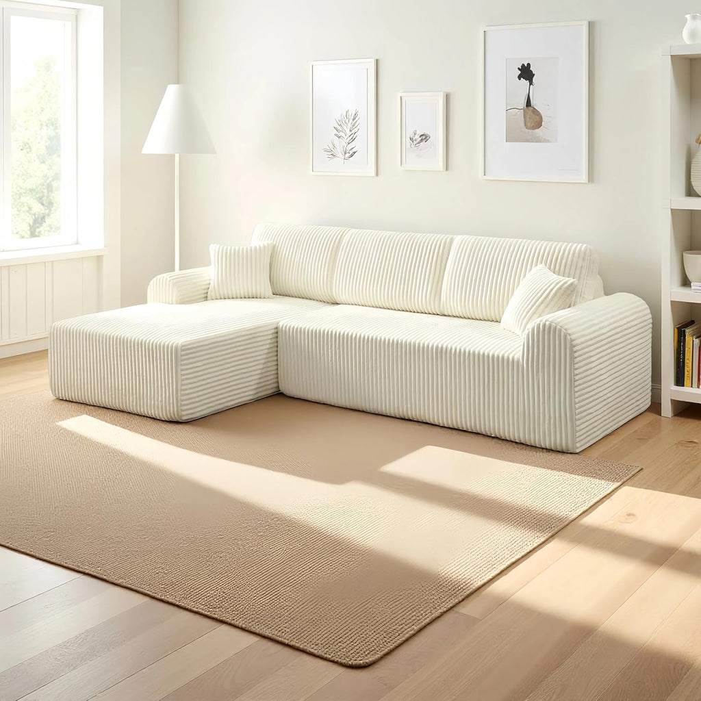 109-Inch L-Shaped Left Facing Boneless Corner Sofa 2 PCS Modular Sectional Cloud Sofa Couch with Chaise Lounge and Toss Pillow, Corduroy Boneless L-Shaped Couches