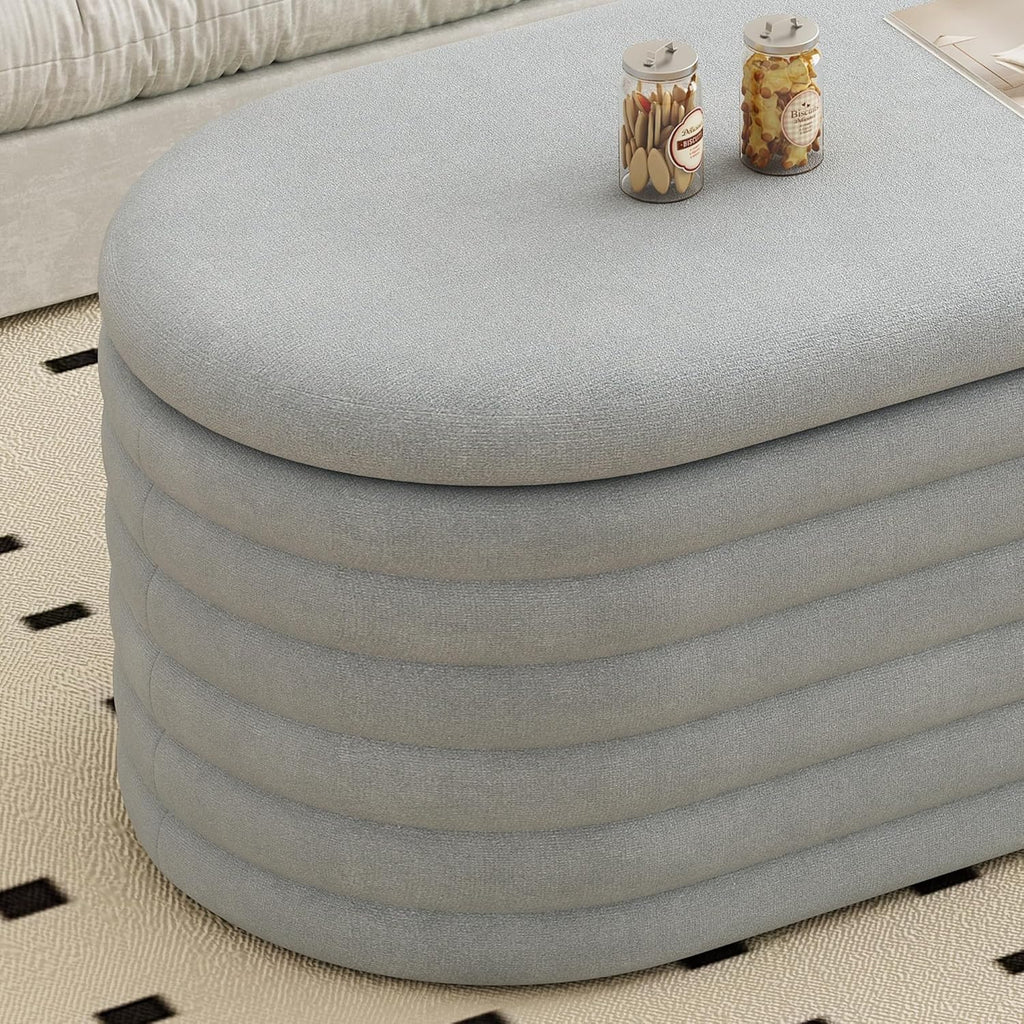Storage Ottoman Bench,Chenille Upholstered Fabric Storage Bench for Bedroom End of Bed,Oval Ottoman with Storage & Safty Hinges,Entryway Bench for Living Room,Hallway,Front of Window,40"