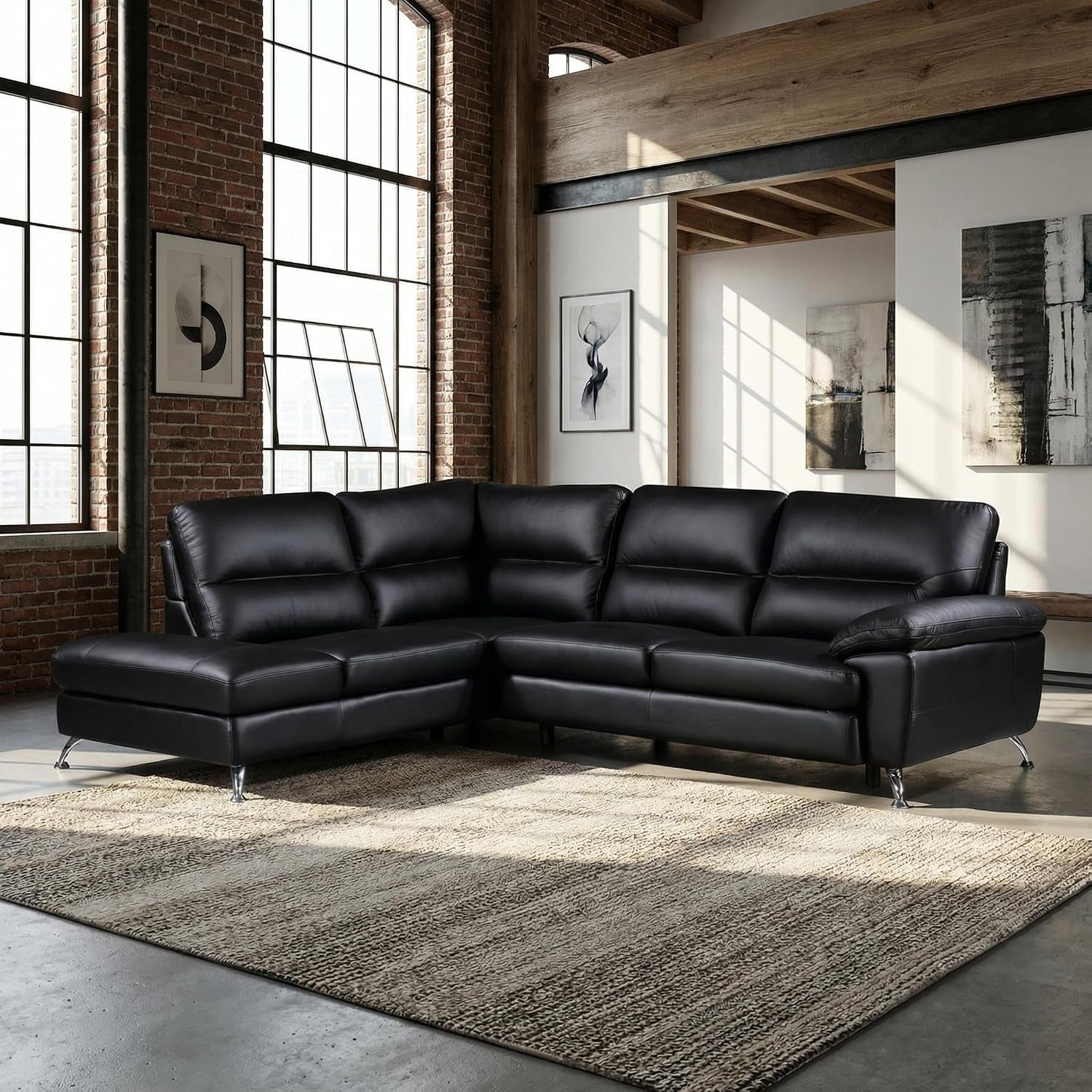 Contemporary Boston Genuine Leather Sectional Sofa with Left Chaise Lounge, Black 80"X98"