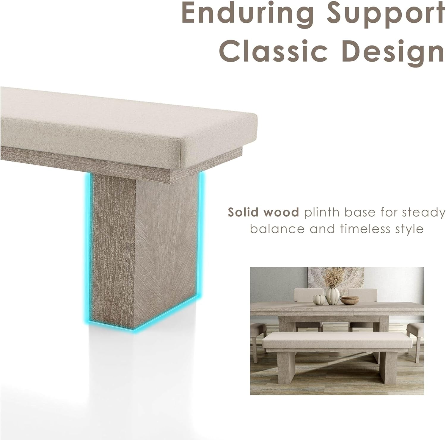 Natural wood upholstered dining bench