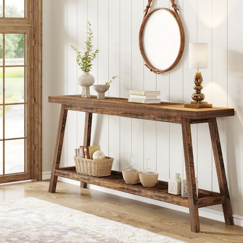 Farmhouse Console Entryway Table: 70.9 Inches All Wood Console Table for Entrance, 2 Tiers Narrow Long behind Couch S