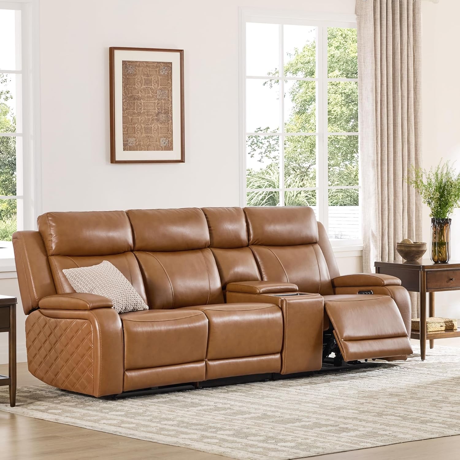 Zero Gravity Power Reclining Sofa with Console, Saddle | Genuine Leather Recliner Sofa, 3-Seater Couch, Flip-Middle Table, Storage Console, Power Headrests, Cup Holders, Living Room