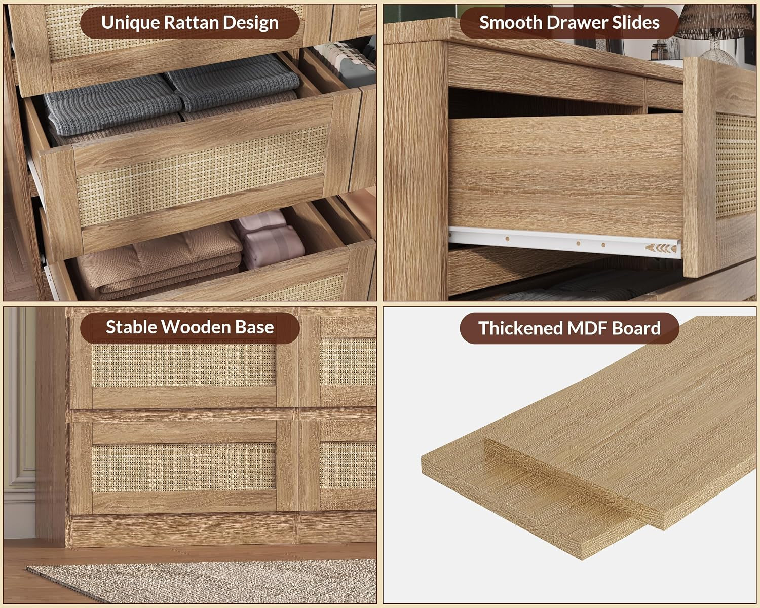 Dresser for Bedroom, Rattan 9 Drawer Dresser for Closet, Double Wood Dressers & Chest of Drawers for Nightstands, TV Stands, Living Room, Entryway, Hallway, Cloakroom