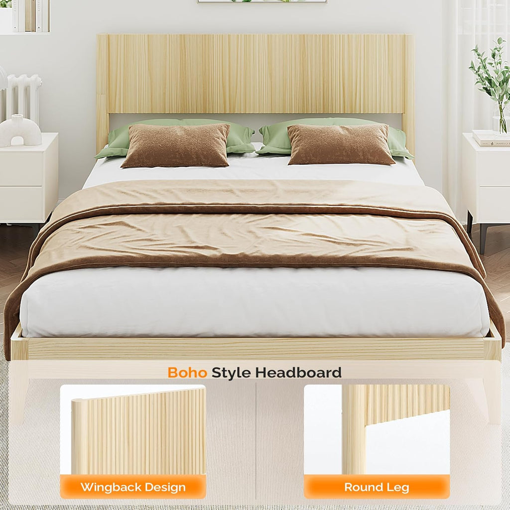 King Bed Frame with Fluted Headboard, Solid Wood Platform Bed with Slat Support,Boho Bedroom Furniture,Natural Wood