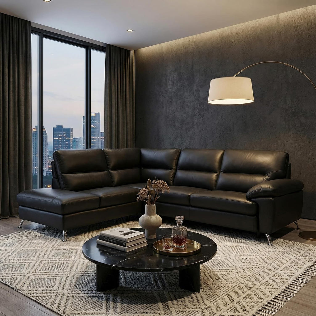Contemporary Boston Genuine Leather Sectional Sofa with Left Chaise Lounge, Black 80"X98"