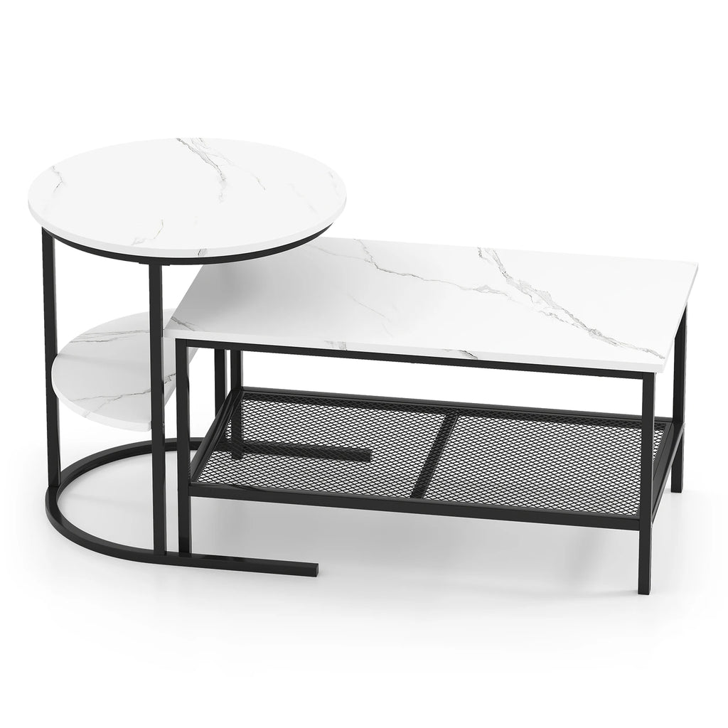 Coffee Table Set of 2, 2-Tier Coffee Table and Side End Table W/ Storage Shelves