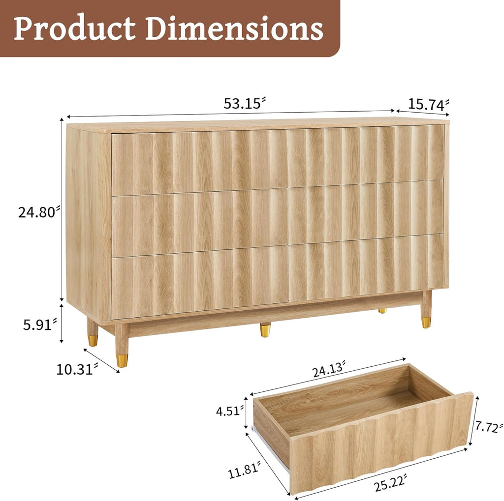 53" Wide Fluted 6 Drawer Dresser | Modern Storage Chest of Drawers, Wood Drawer Organizer for Bedroom, Living Room, Hallway