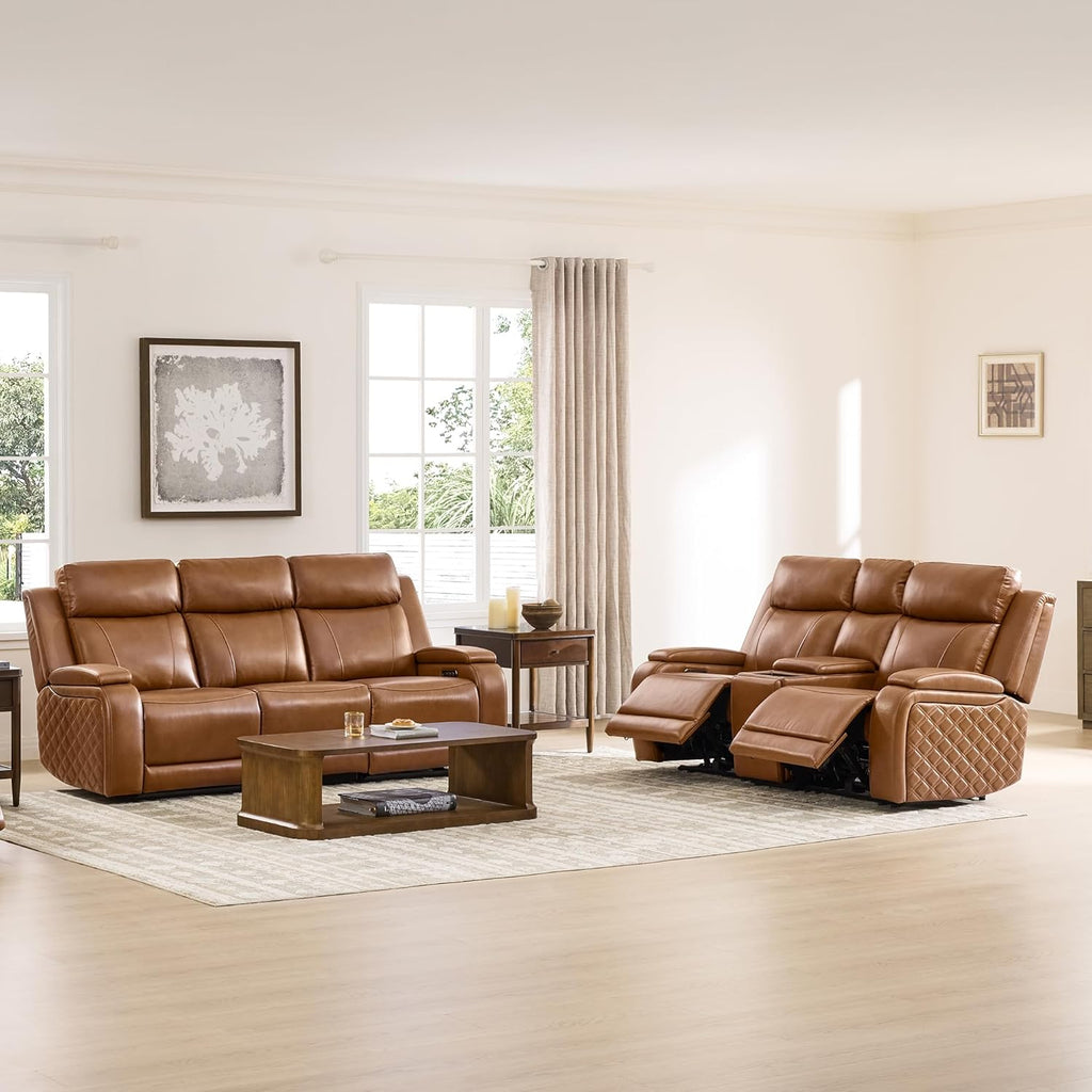 Zero Gravity Power Reclining Sofa with Console, Saddle | Genuine Leather Recliner Sofa, 3-Seater Couch, Flip-Middle Table, Storage Console, Power Headrests, Cup Holders, Living Room
