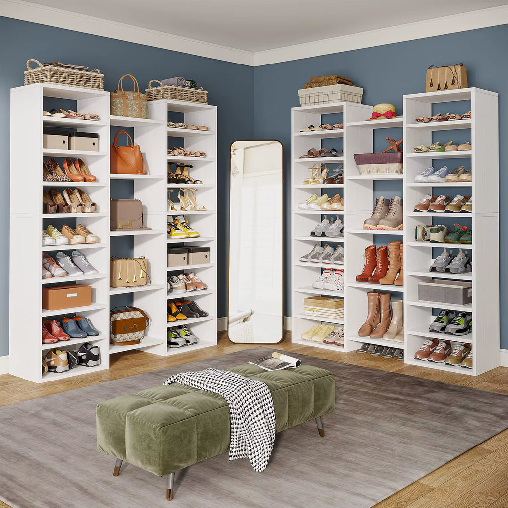 Tribesigns 14-Tier Shoe Rack, Freestanding Tall Shoe Shelf, White Wooden Shoe Storage Cabinet with 22 Open Cubbies, 46 Pairs Wid
