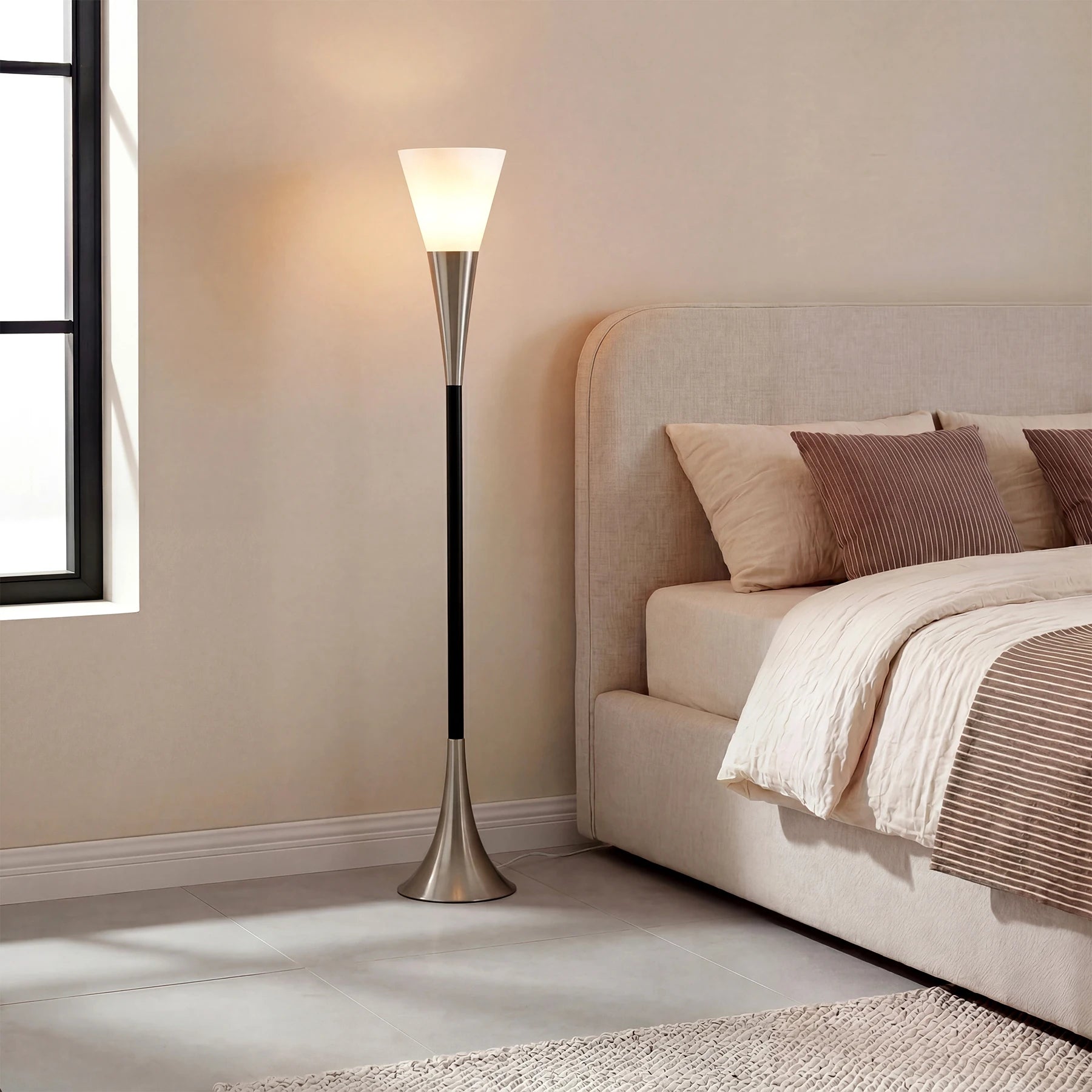 72.8" Farmhouse Floor Lamp with Sandblasted Glass Lampshade, Tall Standing Floor Lamp with Foot Pedal Switch