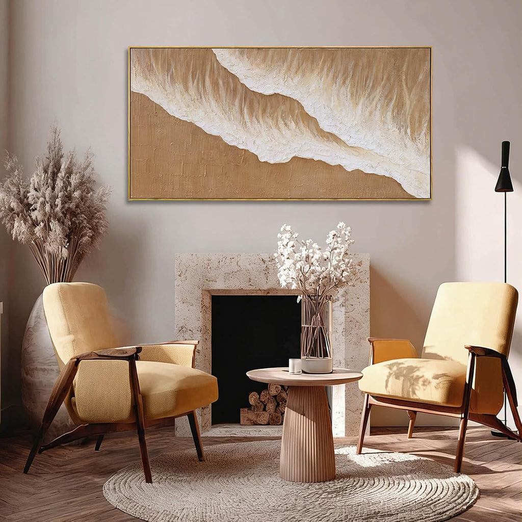 Neutral Beige Textured Canvas Prints 24X48 Inch, Large Framed Artwork with Wooden Frame, Modern Abstract Home Decoration for Bedroom Living Room or Office