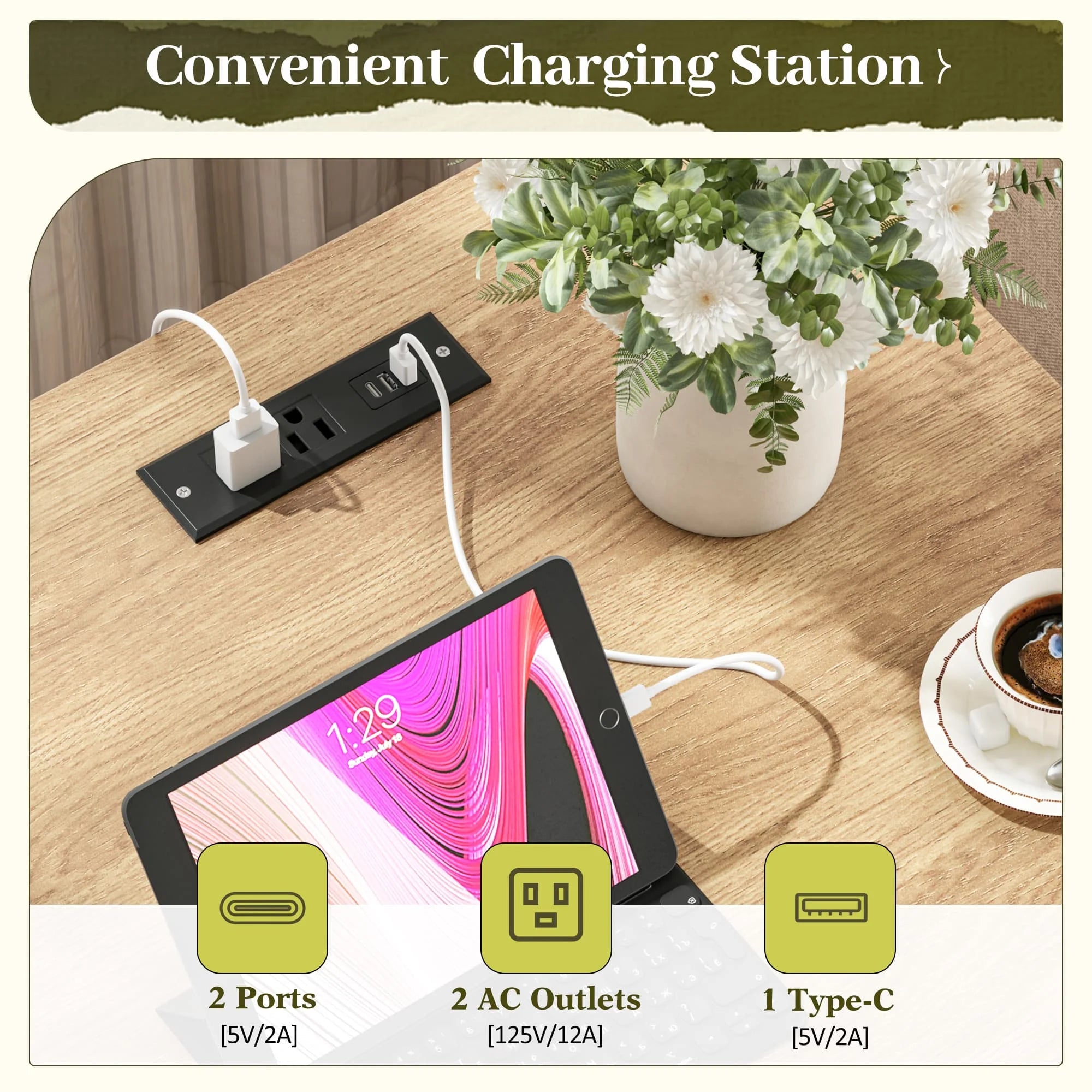 Modern Farmhouse Nightstands, Walnut/Oak Wood Bedside Table with Charging Station & Storage