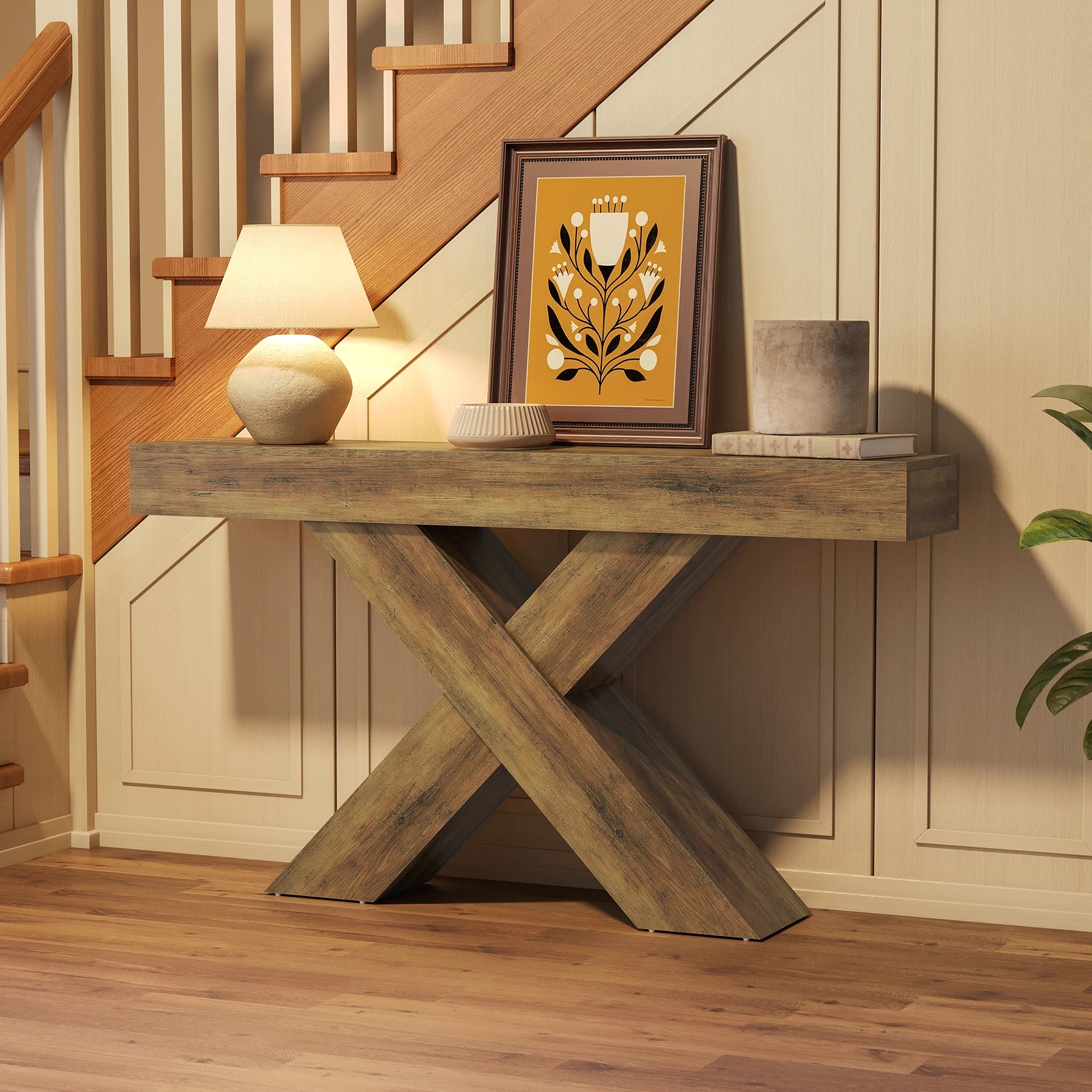 Narrow Console Table, 140 Cm Country-Style Entryway Table, X-Shaped Coffee Table behind the Sofa for Living Room, Entrance Area, Foyer, Hallway, Rustic Brown