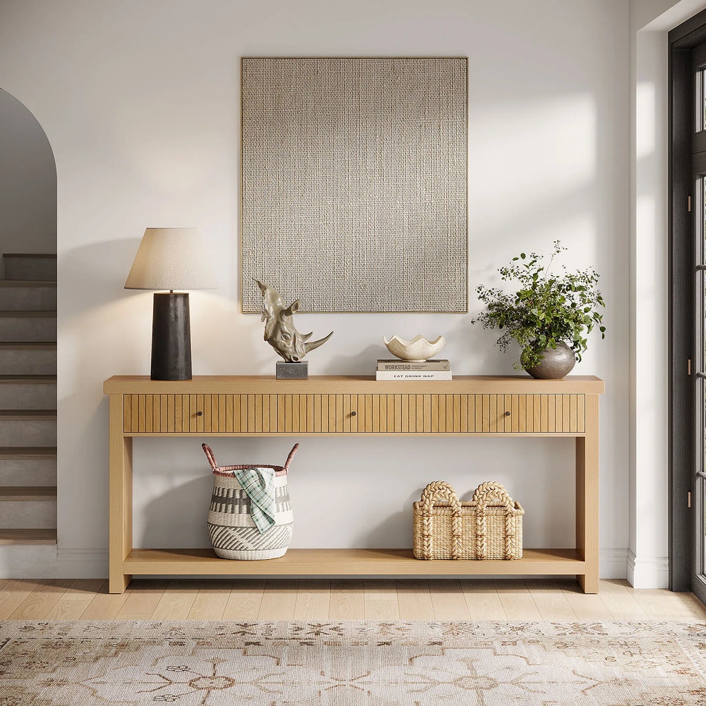 70.9 Inch Console Table with 3 Drawers, Extra Long Entryway Table, Wood Sofa Table Oak Furniture with Open Storage Shelves Wooden Couch Table