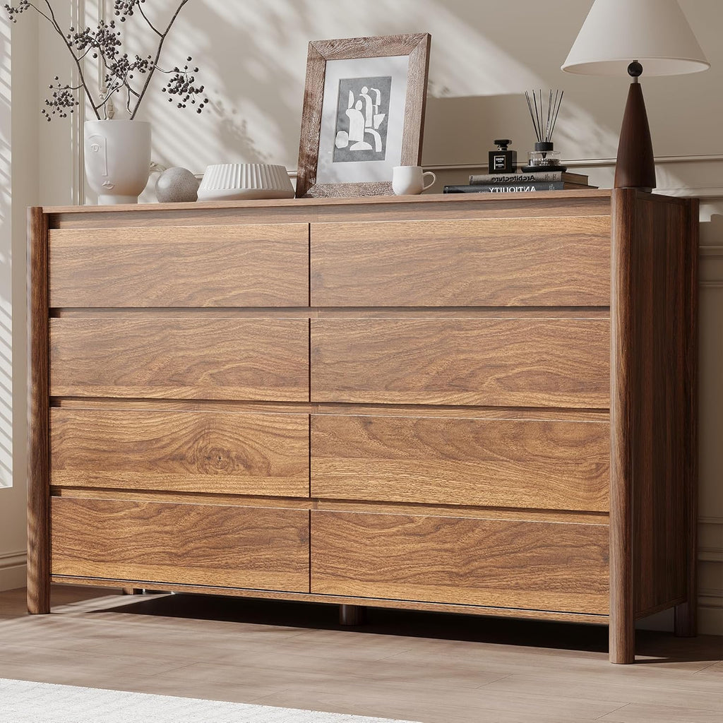 55" Wide Walnut 8 Drawer Dresser for Bedroom with Solid Wood Legs | Mid Century Modern Chest of Drawers with Hidden Handles , Large Wood Storage Dresser for Bedroom