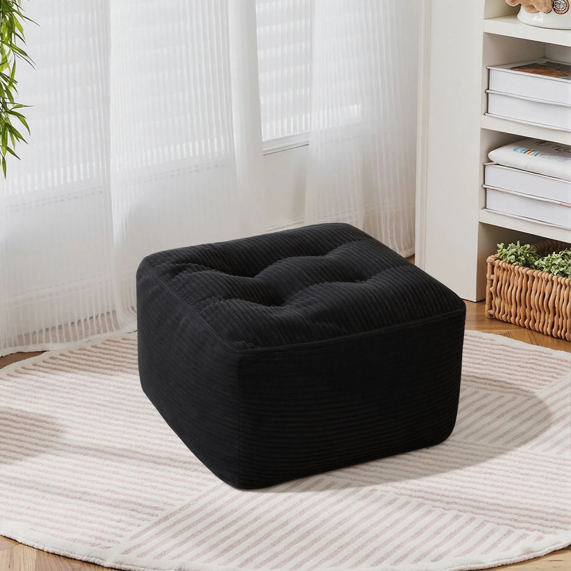 Black Corduroy Square Ottoman Footstool, Tufted Upholstered Footrest for Living Room Bedroom