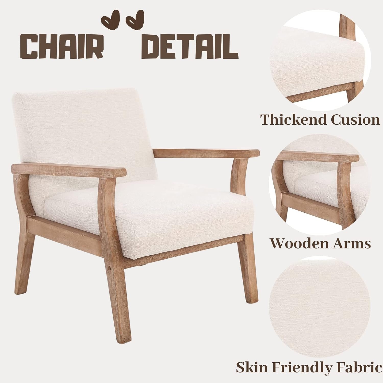 Mid Century Modern Accent Chair Beige Linen Armchair | Solid Wood Frame, Side Chairs for Living Room, Bedroom, Upholstered Sitting Chair, Comfortable Chair